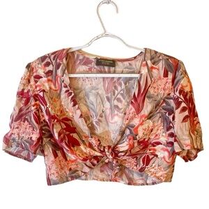 Zara Accessories Tropical Flamingo Short Sleeve Crop Top with Front Tie  size L